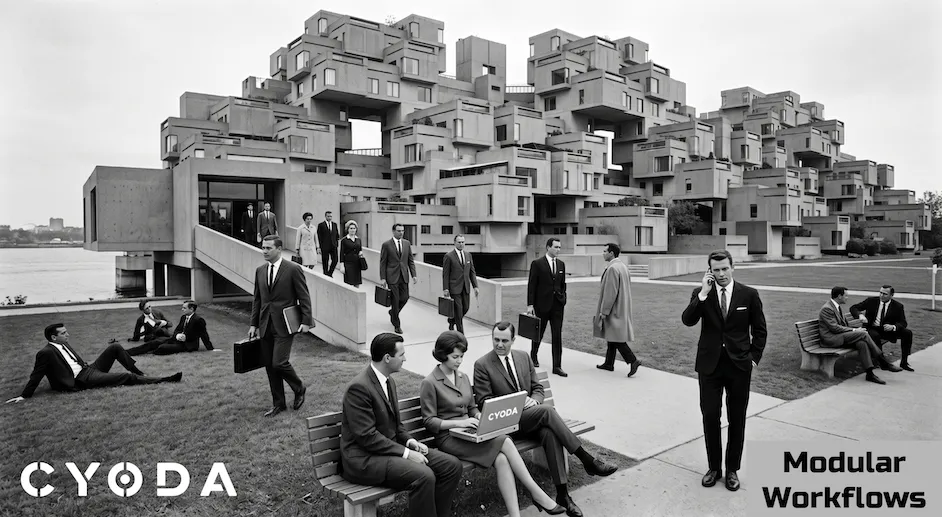 Illustration of interconnected entity lifecycle components — state, workflows, events, and audit — unified in a single Cyoda runtime.